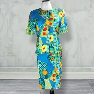 Vintage 80s Rickie Freeman Teri Jon Linen Silk Art Print Skirt Suit Set 6